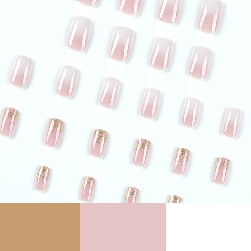 24Pcs Press on Nails Square Short Fake Nails Gradient Pink White False Nails with Gold Glitters Design White Nail Tips Pink Acrylic Nails False