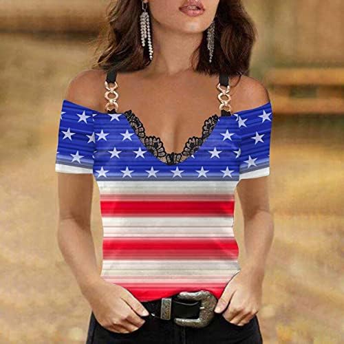 Четврти јули облека, жени со кратки ракави со кратки ракави, шарени тунични врвови на чипка, чипка за чипка, обична блуза ладно рамо патриотски