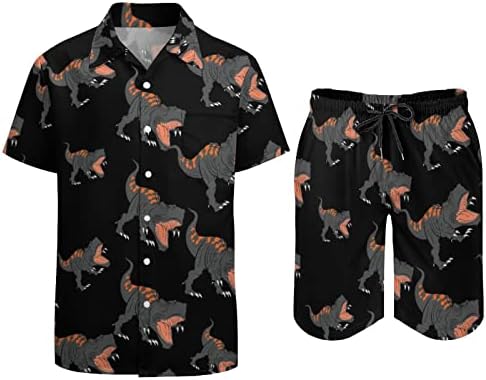 Weedkeycat The Fierce Dinosaur Man's Pach Outfits 2 Piece Hawaiian копче надолу со кошула Краток ракав и Shorts Trunk Setts