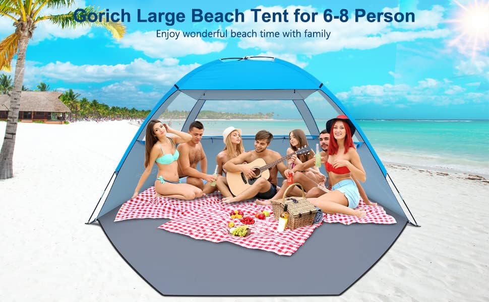 Шатор на плажата Горих, шатор за сенка на плажа за 3/4-5/6-7/8-10 лице со UPF 50+ УВ заштита, преносен шатор за засолниште на сонцето, лесен и