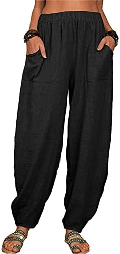 DHM-jlmy женски лабава памучна постелнина харем панталони модни цврсти баги обични панталони со висока половината јога бохо панталони со џебови