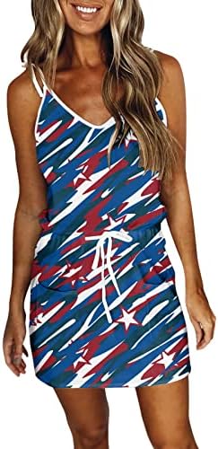 Hoxine жени летни обични мини фустани без ракави од шпагети ленти Sundress USA Flag Stars Stars Striped Belt Sockets краток фустан