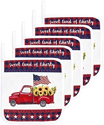 Кујнски Полтер сет од 5, црвен автомобил жолт сончоглед во САД знаме starsвезди карирани држачи за ден на независност на садови