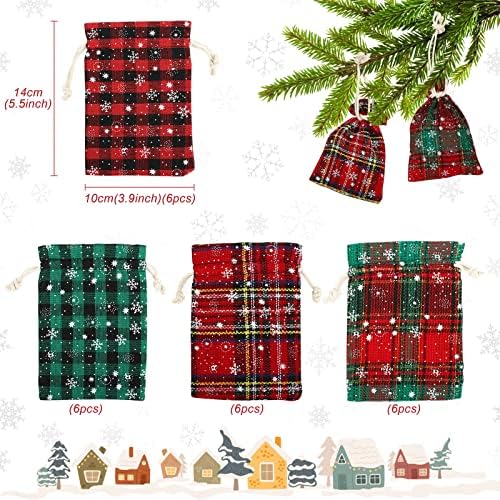 Ghingole 24 компјутери Божиќни торби за подароци, божиќни црвени и зелени биволи карирани карирани торбички за божиќни календари за зимски