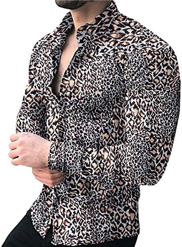 XXBR Хавајски кошули за мажи, 2022 Ново пролетно опуштено копче со долги ракави со долги кошули Леопард печатени врвови на плажа