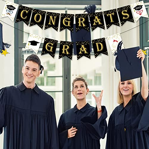 Честитки Податоци за банери за дипломирање, за дипломирање, 2022 година, црно злато, ергени капа за украсување на забави, училиште, дом,