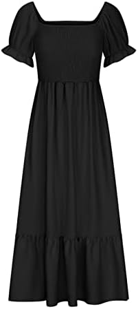 Women'sенски 2023 летен долги фустани квадратни врат Краток ракав за ракав солиден половината, обичен пушан проток, линија на миди фустан од