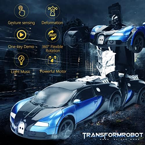 Далечински управувачки автомобил Villacool за деца, деформација робот РЦ Трансформски автомобили играчки со трансформација на едно копче и ротирачки лебдат од 360 степ?