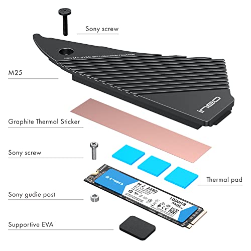 ineo PS5 Heatsink, M. 2 NVME Ssd Heatsink ЗА PS5 Внатрешна PCIe M. 2 NVMe 4.0 Gen4 Gaming SSD, Легура На Магнезиум Алуминиум Дизајнирана Со Голема Дисипација На Топлина, Вклучени Се Термички Влошки О?