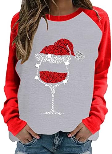 Божиќни Кошули За Жени Fall Мода 2022 Дами Мода Божиќно Вино Стакло Печатени Маици Со Долги Ракави Блуза