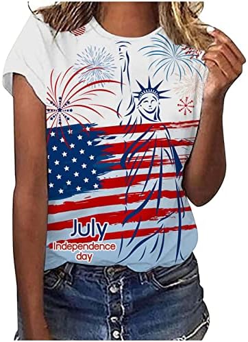 Блуза за тинејџерски девојки со краток ракав брод вратот спандекс градиент 4 -ти јули цветни графички тенок туники блузи жени