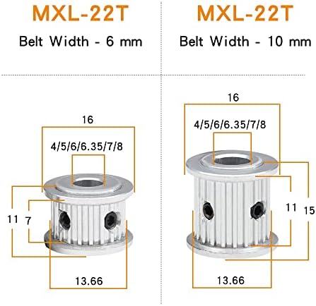 Axwerb Professional 2PCS MXL-22T BEALT PULLEIS, BORE SITENT 4/5/6/6/6.35/7/8MMMOTOR макара натпревар со ширина 6/10mm MXL ремен за тајминг