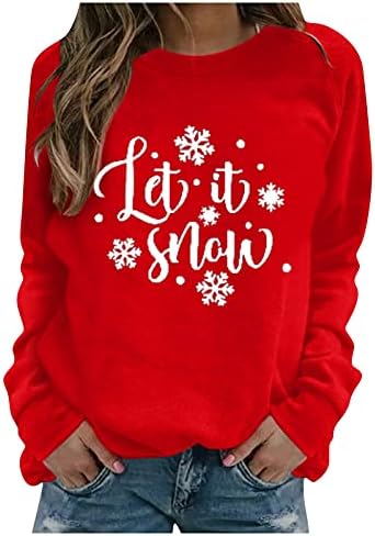 Божиќна смешна снежна буква печати пад на џемпер, обичен долги ракави пулвер врвови мека топла тркалезна блуза за вратот