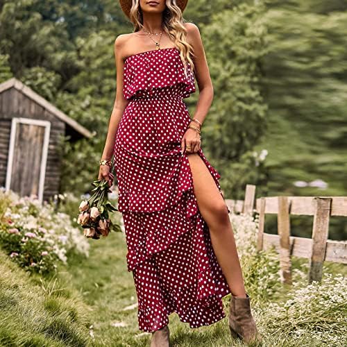Обични летни фустани за жени Бохо Полка точка надвор од рамото без ракави разделени руфли макси максимален вечерен фустан