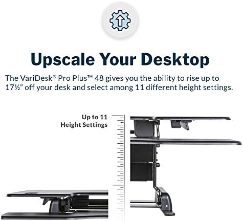 Vari - Varidesk Pro Plus 48 - двостепен конвертор на биро за двојни монитори - Седнете да стоите биро за канцеларија со 11 поставки за висина, лифт со помош на пролет, двојни рачки