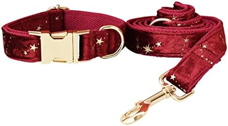 Fegoclt персонализирана јака за кучиња Божиќ црвен кадифено лак вратоврска и поводник сет со куче „Златни starsвезди“