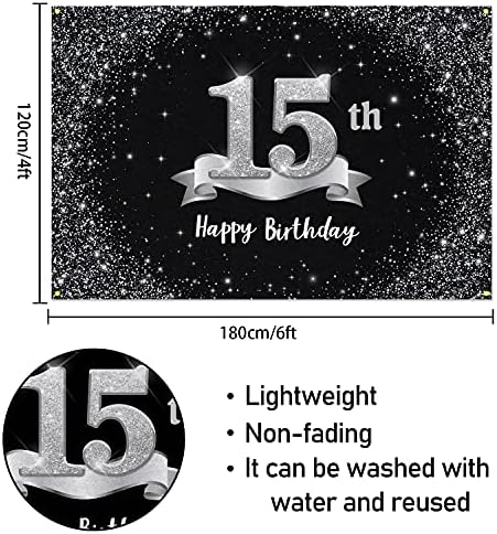 Хамигар 6x4ft Среќен 15 -ти роденден Банер за позадина - 15 години роденденски украси за забави за девојчиња - црно сребро