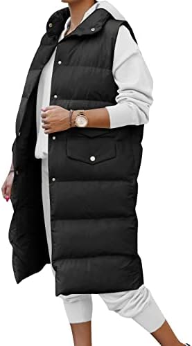 Kcjgikpok женски патент нагоре долга елек дебела ватирана качулка, без ракави, без ракави, долги палто со јакна со џебови со џебови