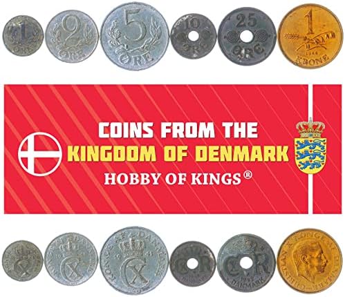 6 Монети Од Данска | Данска Колекција На Монети 1 2 5 10 25 Руда 1 Кроне | Циркулирано 1941-1947 | Кристијан Х
