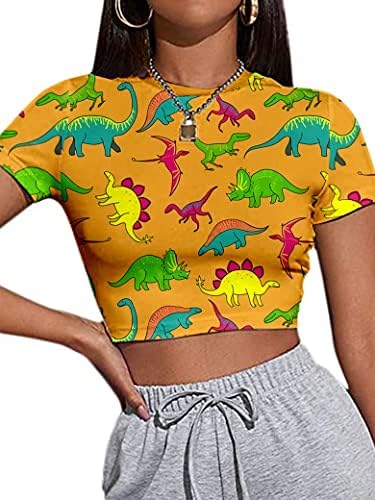 Femle Dinosaur Смешна кошула за жени екипаж вратот краток ракав тенок одговара симпатична графичка култура на култура на врвот