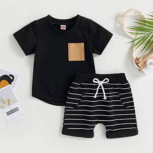 Детето бебе момче летни облеки со кратки ракави за контраст во боја маица врвот со еластична половината, симпатична облека за