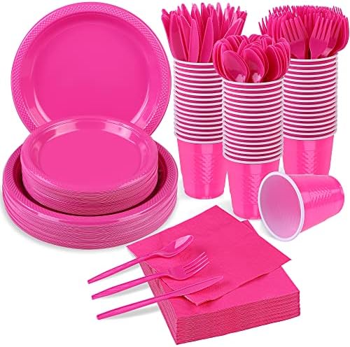 ADXCO 350 Парчиња Топла Розова Партија Материјали За Еднократна Употреба Прибор За Јадење Вклучувајќи Пластични Плочи Чаши Ножеви Вилушки Лажици