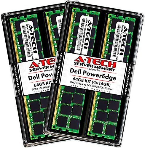 A-Tech 64GB RAM меморија за Dell PowerEdge R410, R415, R510, R515, R610, R710, R715, R810, R815, R910 | DDR3 1333MHz ECC-RDIMM PC3-10600 2RX4 1.5V ECC Регистриран комплет за надградба на меморијата на серверот DIMM
