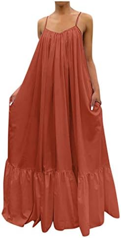 Fzylqy женски летен фустан со шпагети со шпагети без ракави, измешана руфла бохо -ками плажа долга макси фустани прикриени