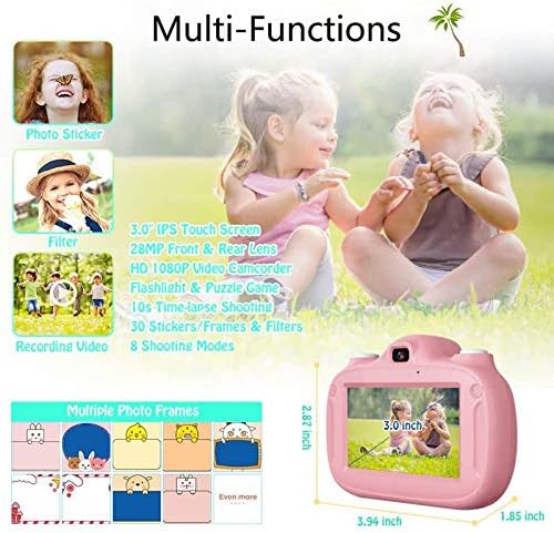 Детска камера WGWIOO, 3,0 HD екран на допир 1080p 28 MP дигитални двојни камери, селфи видео камери за полнење, подарок за 3-9 години момчиња девојчиња, розова